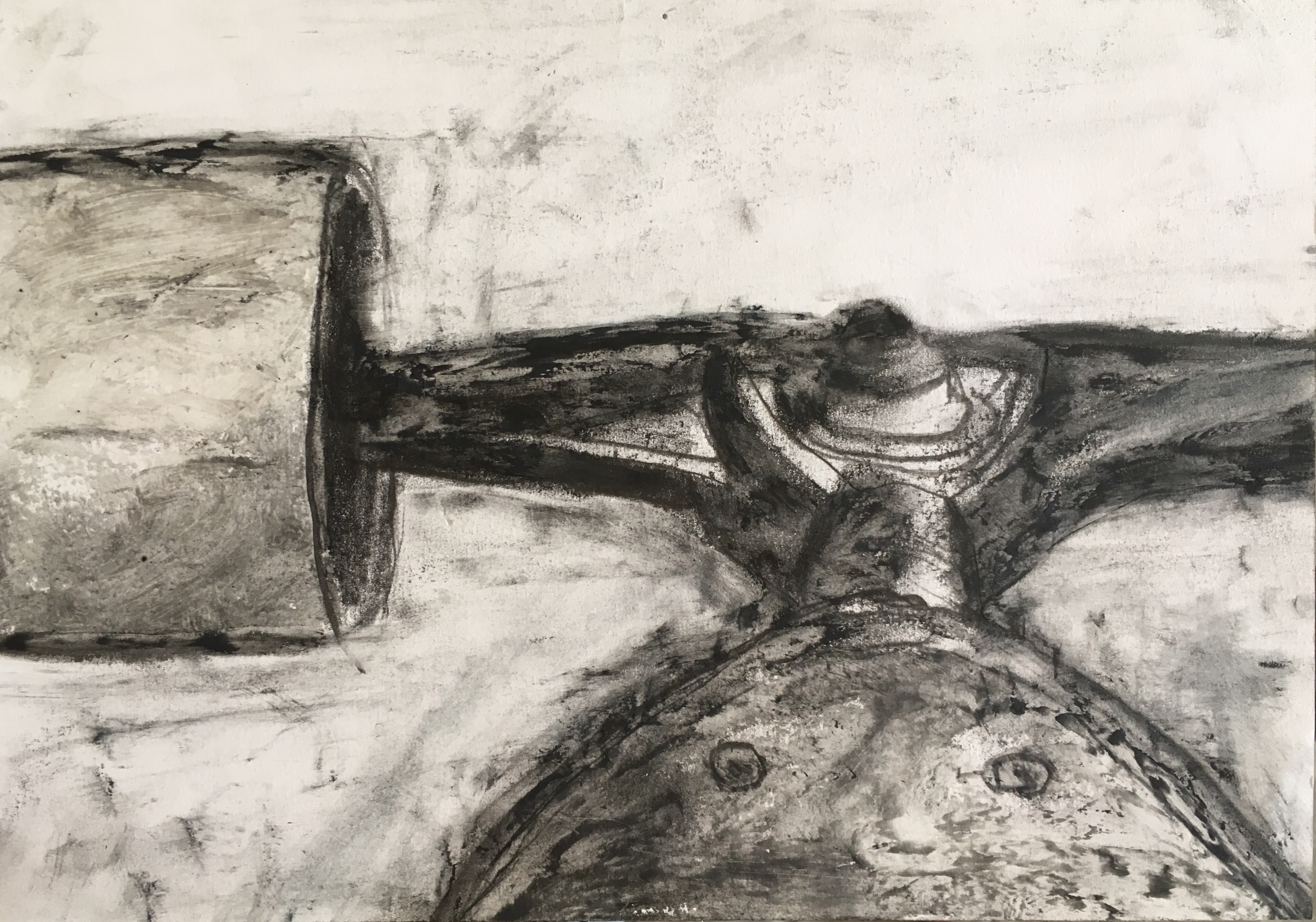 Desenho gestual em preto e cinza com estrutura horizontal.